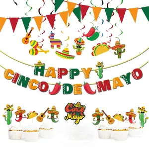 Kit Decorazioni Festa Messicana Cinco De Mayo Banner di Carta Fiesta Cactus Chili Taco Sombrero Toppers per Cupcake Spirali Appese per Decorazioni Eventi