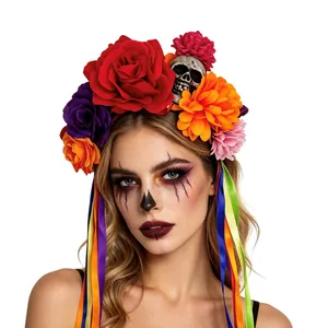 Serre-tête fleuri Jour des Morts avec mini crâne et rubans colorés sur un mannequin