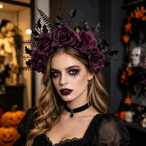 Dark gothic Halloween headband featuring purple roses and black leaves on a female model