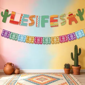 Decorative Mexican Fiesta party banners with cactus letters and colorful paper flags
