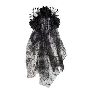 Serre-tête Halloween avec voile en dentelle noire, fleurs de soie et têtes de mort