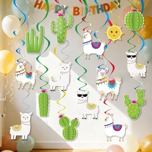 Décorations de fête d'anniversaire mexicaine avec alpagas et cactus à suspendre en spirale.