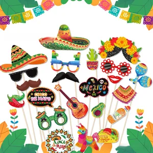 Detailed view of 30-piece colorful Mexican Cinco de Mayo festival party photo booth props