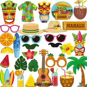 Collection of 30 tropical Hawaiian party photo booth props with tiki masks and fruits