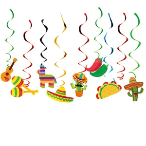 Vibrant Mexican party hanging swirls decorations with taco cactus and piñata cutouts