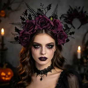 Gothic Halloween headband with dark purple roses and black leaves for cosplay parties.