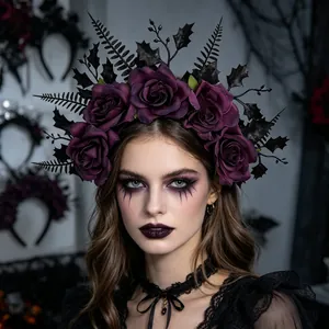 Gothic Halloween headband featuring dark purple roses and black leaf details on model