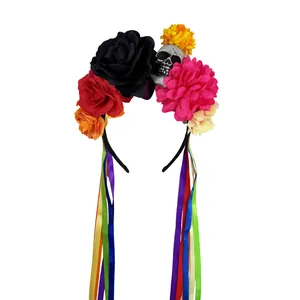 Serre-tête fleuri d'Halloween avec crâne et longs rubans de satin arc-en-ciel