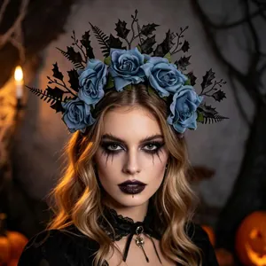Detailed gothic Halloween headband with blue roses and black leaves on model