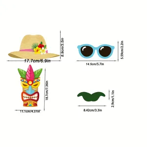 Detailed dimensions for tropical Hawaiian party photo booth props including tiki mask and hat.