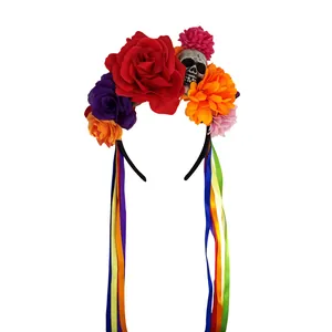 Serre-tête fleuri Halloween avec crâne et rubans colorés pendants