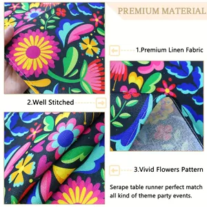 Detail showing linen fabric and floral pattern of Mexican table runner.