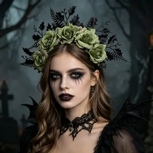 Exquisite gothic Halloween headband featuring green fabric roses and black leaves for cosplay