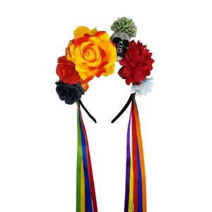 Serre-tête floral d'Halloween avec crâne et rubans arc-en-ciel pour le Jour des Morts.