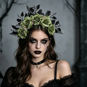 Detailed view of Gothic Halloween headband with green roses and black leaves on model