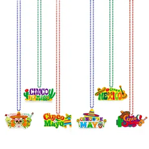 Detailed view of colorful Cinco de Mayo party necklaces with Mexican festive pendants
