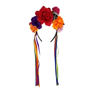 Serre-tête fleur Halloween Jour des Morts avec crâne et rubans arc-en-ciel détail