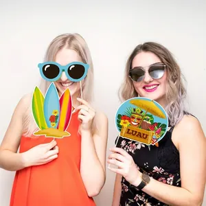 30-piece tropical Hawaiian Luau party photo booth props with colorful summer surfboard designs