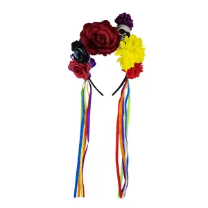 Serre-tête fleuri du Jour des Morts avec crâne et rubans arc-en-ciel pour Halloween