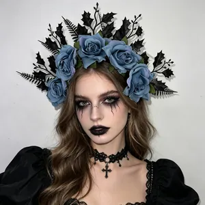 Gothic Halloween headband featuring blue roses and black leaves worn by a model.