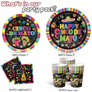 Cinco de Mayo festive party tableware set including printed paper plates, cups and napkins