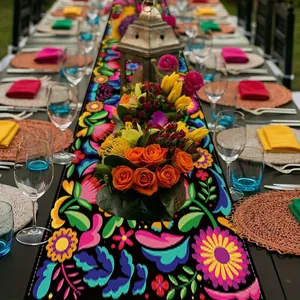 Vibrant Mexican floral pattern table runner for festive party decoration