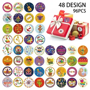 Close-up of 48 unique Cinco de Mayo themed sticker designs for party favors