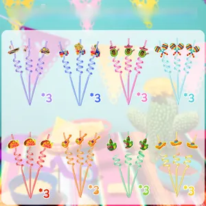 Detailed collection view of 24-piece Mexican Cinco de Mayo themed spiral party straws set
