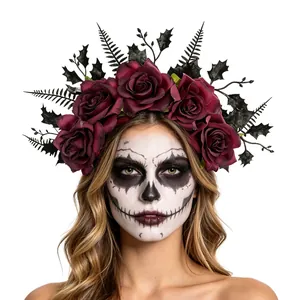 Detail view of Gothic Halloween headband with dark red roses and black leaves on a model