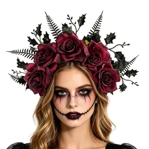 Detailed view of Gothic Halloween headband with dark red roses and black leaves