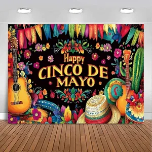 Banner di sfondo per festa Cinco de Mayo con chitarra e sombrero messicani colorati