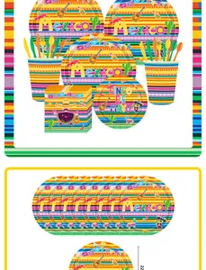 Detalle de platos y vasos de papel de 22 cm para decoraciones de fiesta temática mexicana