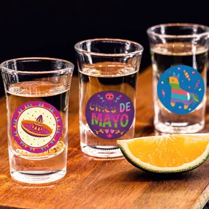 Cinco De Mayo fiesta party stickers featuring Mexican festive designs on shot glasses