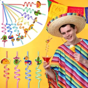 Close-up view of various colorful Mexican-themed party straws featuring taco and cactus toppers