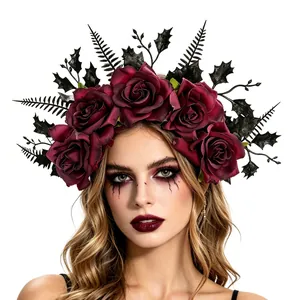 Close-up of Halloween dark red rose headband with black leaves for cosplay party.