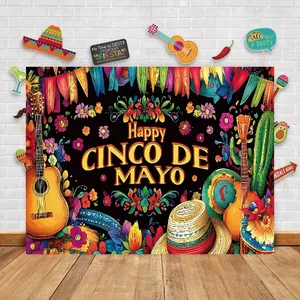 Sfondo per festa Cinco de Mayo con vivace grafica di chitarra e sombrero messicani