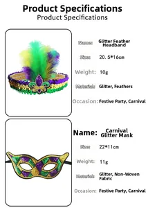 Produktspezifikationen für Mardi Gras Set mit Pailletten-Stirnband und Maske in Lila Gold