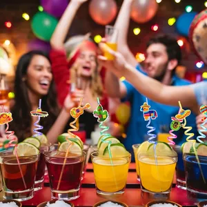 Detail view of colorful Mexican party straws with festive decorations in a celebration setting.