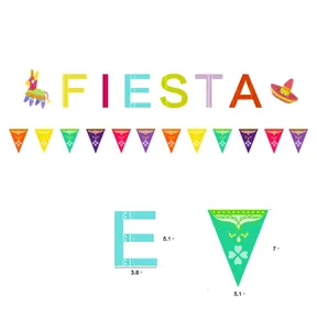 Dimensioni dettagliate per striscione festa messicana con lettere FIESTA e gagliardetti