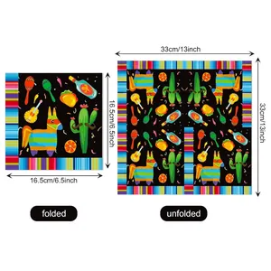 Detailed dimensions of Mexican Cinco de Mayo party napkins in folded and unfolded states.