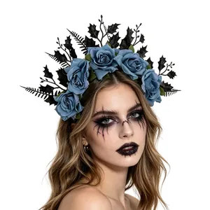 Gothic Halloween headband with dusty blue roses and black foliage decoration