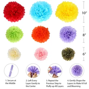 Step-by-step assembly guide and size chart for colorful fiesta party paper pom-poms