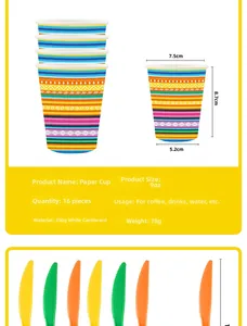 Spezifikationsdetails für Einweg-Pappbecher (9 oz) und bunte Messer im Mexiko-Fiesta-Thema