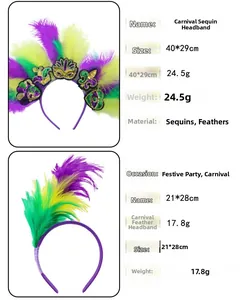 Detaillierte Spezifikationen für zwei Mardi Gras Stirnbänder mit Federn und Pailletten