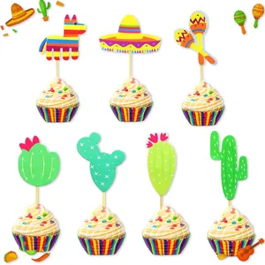 Macro view of Mexican Fiesta party cake toppers featuring cacti and piñata designs