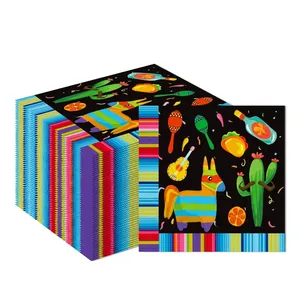 Mexican Cinco de Mayo party napkins with cactus and piñata designs on black background.