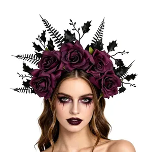 Gothic Halloween headpiece with dark purple roses and black leaf accents on model
