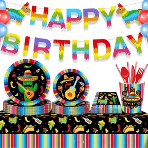 Vibrant Mexican themed party supplies set with Cinco de Mayo tablecloth and tableware
