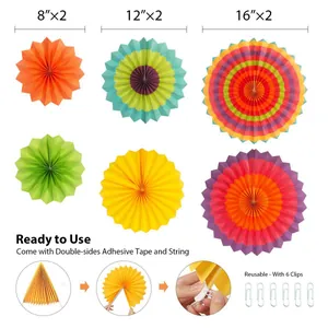Set of 6 colorful Mexican fiesta paper fans in 8, 12, and 16 inch sizes for party decor.