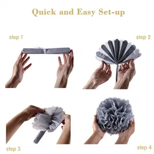 Step-by-step guide for assembling grey tissue paper pom-pom party decorations